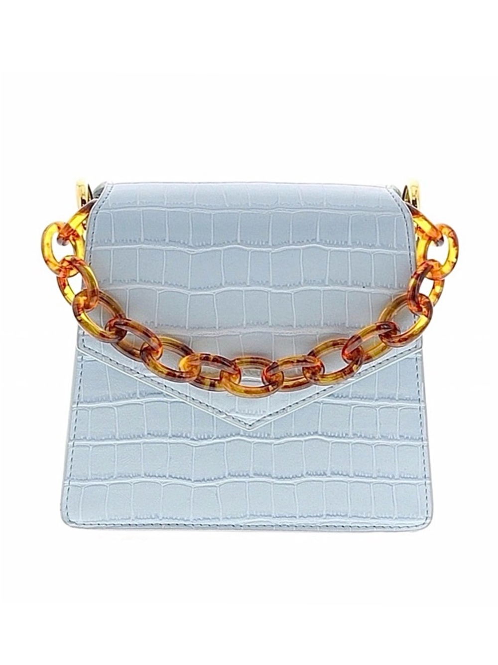 SINBONO ~ Light Baby Blue Croc-Embossed Top-Handle Bag with Tortoiseshell Chain